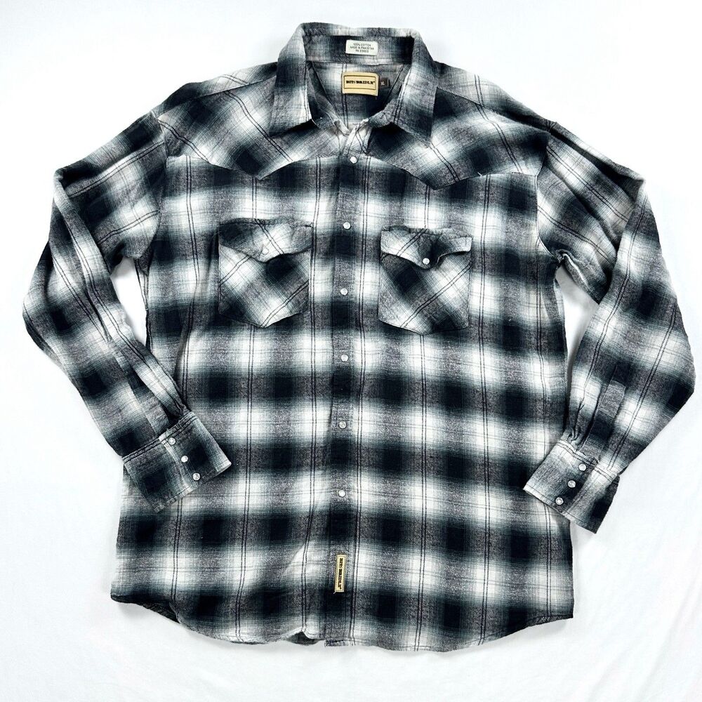 Bit & Bridle Pearl Snap Flannel Shirt Womens XL Black Gray Plaid Western